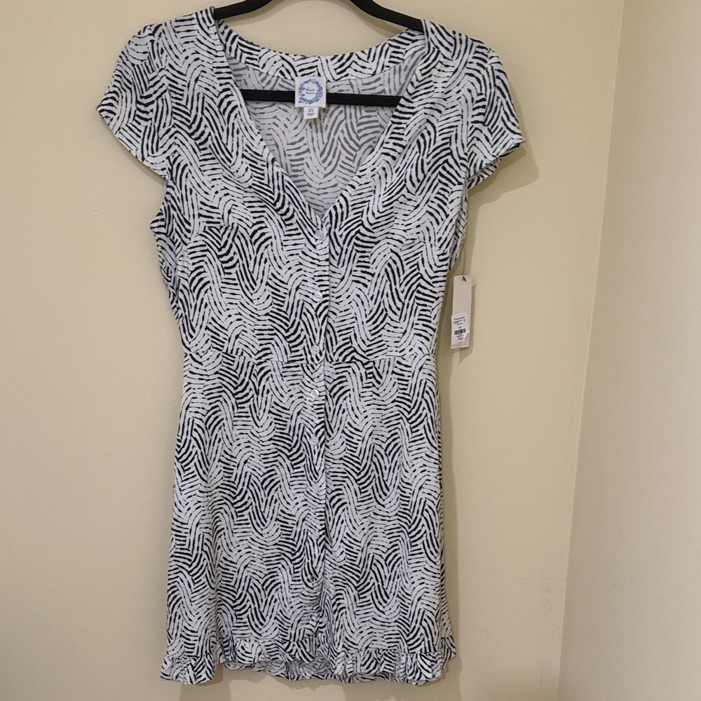 Blue Rain Black and White Patterned Mini Dress ruffled Hemline Size XS